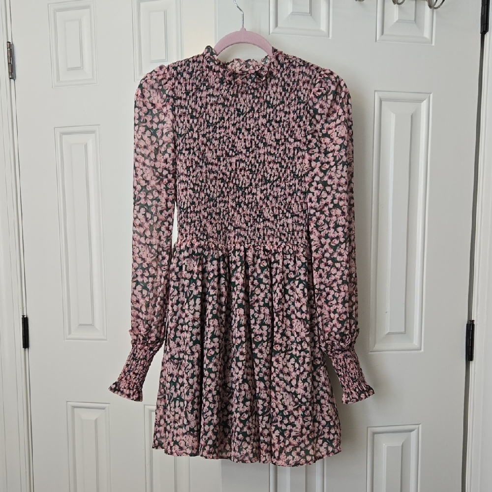 Lulu's Pink and Dark Green Floral Long-Sleeve Smocked Mini Dress